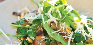 Warm Portobello Mushrooms with Spinach, Pine Nuts and Caramelized Shallots