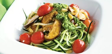 Zucchini Pasta with Marinated Cherry Tomatoes and Pesto