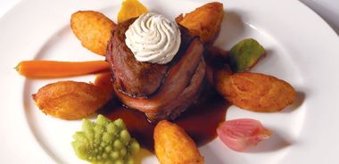 Alberta Bison Filet Wrapped in Smoked Bacon with Red Wine Sauce and Maple Whisky Butter