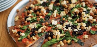 Barbecued Pizza with Roasted Pepper Sauce and Spiced Chickpeas