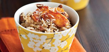 Coconut Rice Pudding with Caramelized Peaches