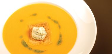 Butternut Squash Soup with Roasted Garlic and Goat Feta Crostini