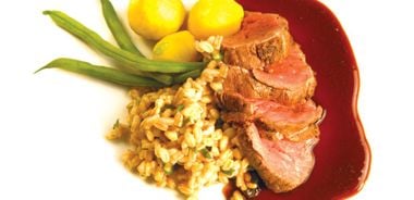 Roasted Bison Tenderloin with Merlot Sauce and Faro Risotto