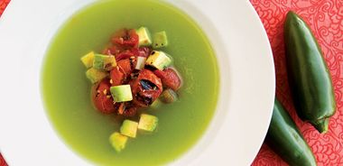 Cucumber Soup with Avocado and Grilled Jalapeno-Tomato Salsa