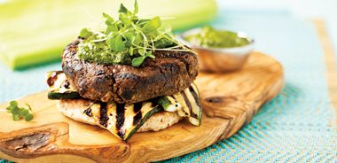 Lentil Goats Cheese Burgers with Spinach Pesto