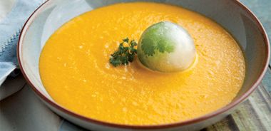 Velvety Thai Carrot Soup with Coconut Water Ice Cubes