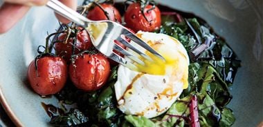 Poached Eggs with Balsamic Glaze, Swiss Chard, and Roasted Tomatoes