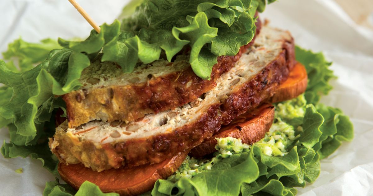 TurkeyLentil Meatloaf Club with Broccoli Pesto alive magazine