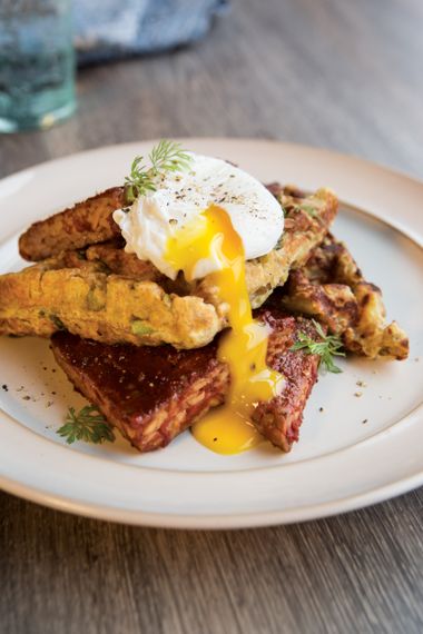 Lemony Waffle Stacks with Barbecue Tempeh and Poached Eggs