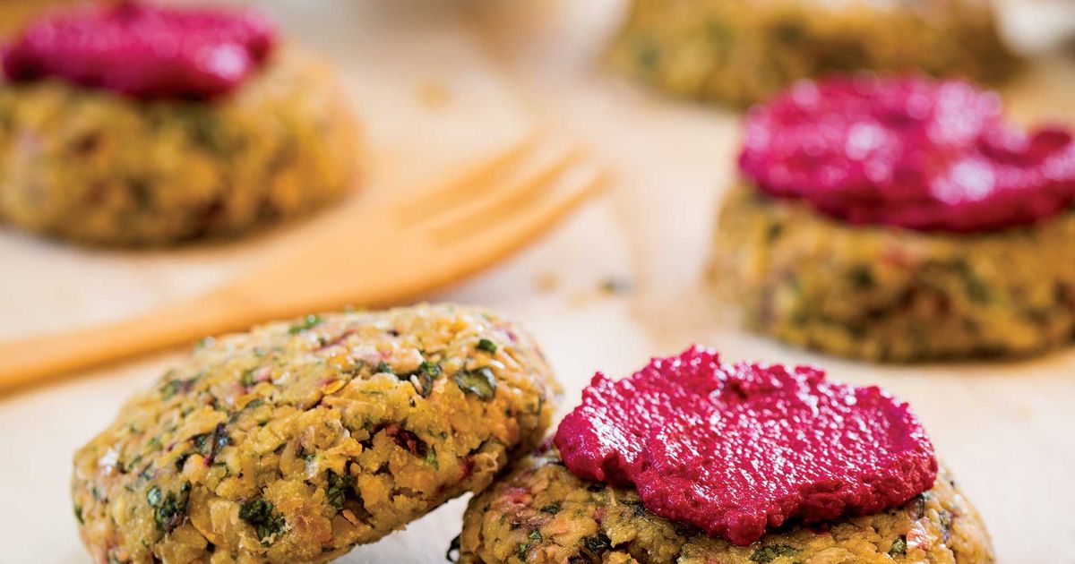 Beet Green Falafel with Gingered Beet Hummus alive magazine