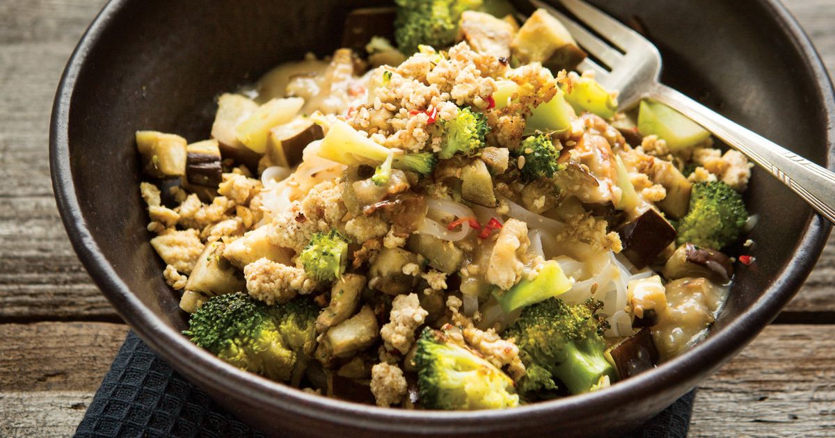 Roasted Eggplant and Broccoli Noodles with FiveSpice Ground Tofu
