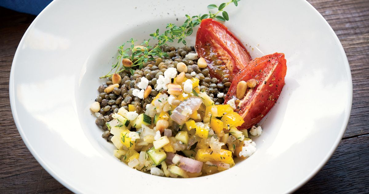 Savoury French Lentils with Roasted Tomatoes and Confetti Vegetables