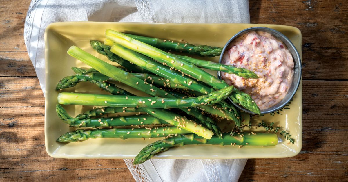 Red Pepper Yogurt Dip with Asparagus Dippers alive magazine