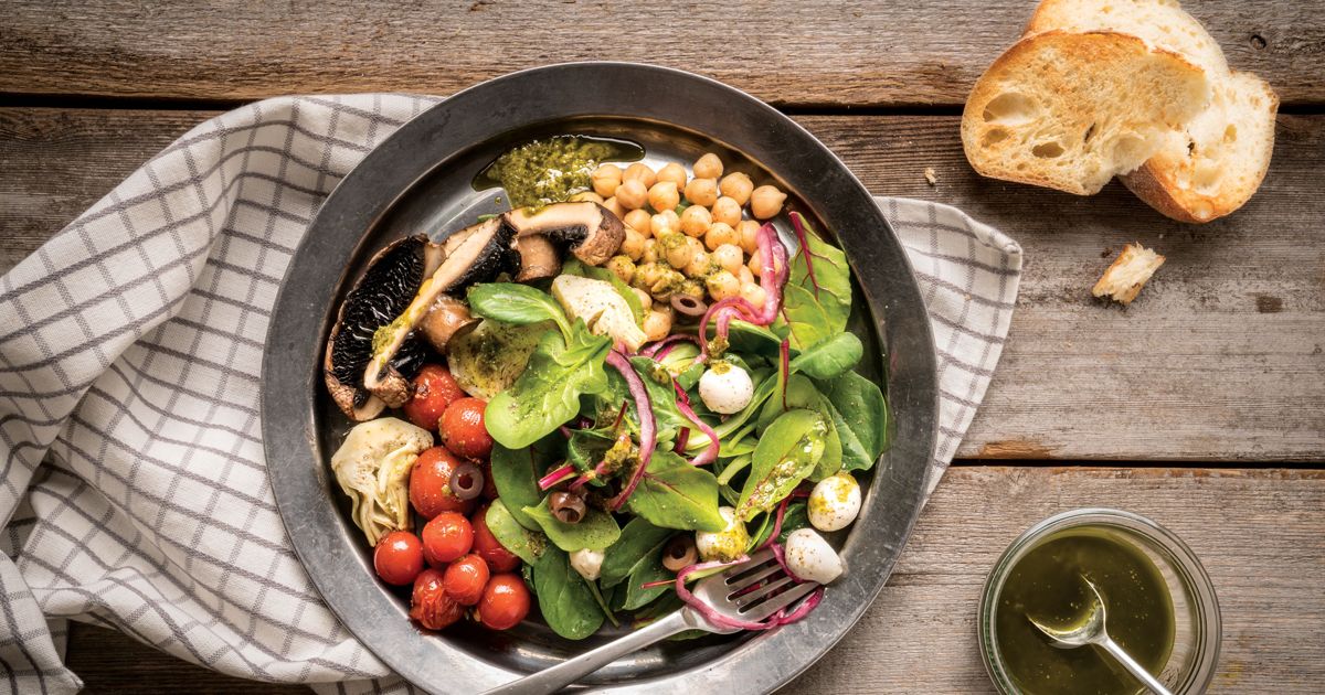 Grilled Mushroom Salad with Pesto Dressing alive magazine