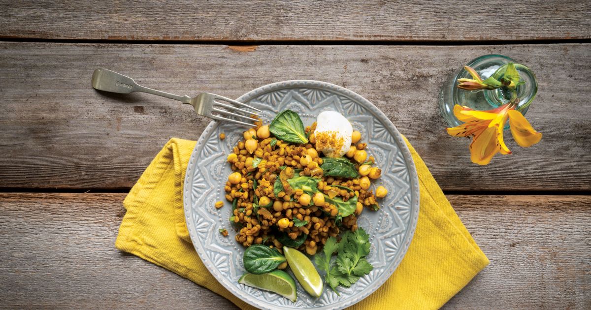 Spiced Indian Barley StirFry with Chickpeas and Spinach alive magazine