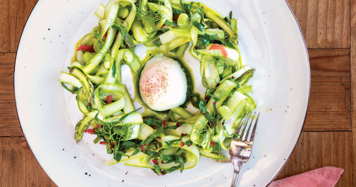 Shaved Asparagus Salad with Poached Eggs and Spruce Tip Vinaigrette