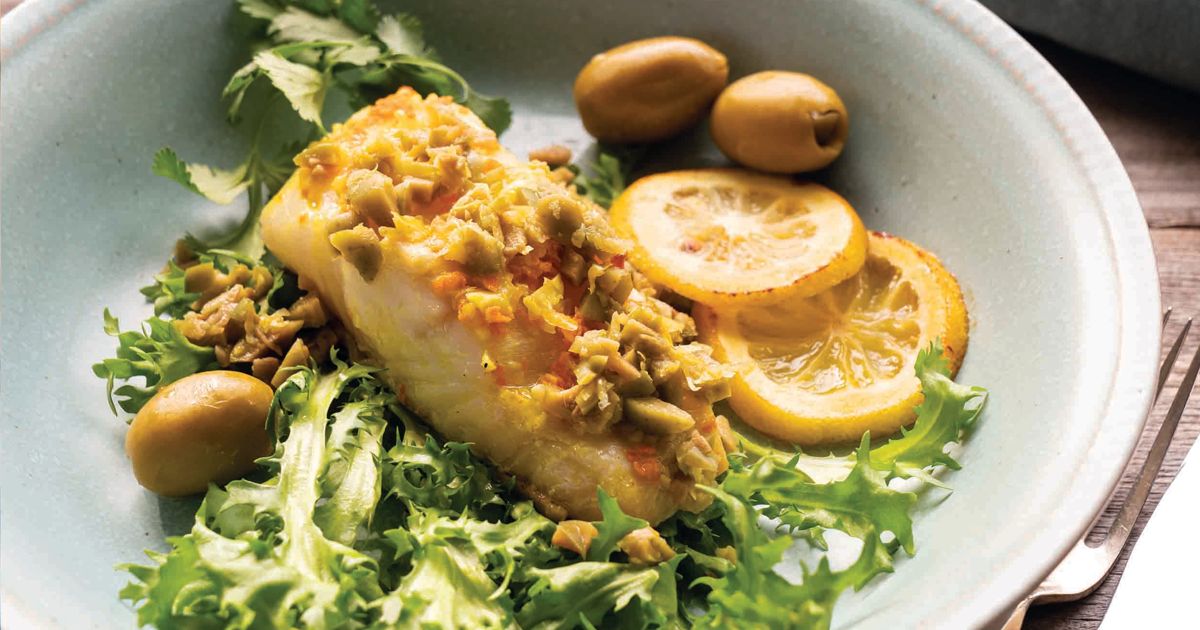 Grilled Halibut with Turmeric, Garlic, and Olives alive magazine