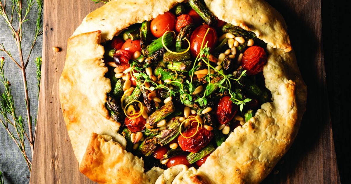 Rustic Spring Asparagus, Leek, and Cherry Tomato Galette alive magazine
