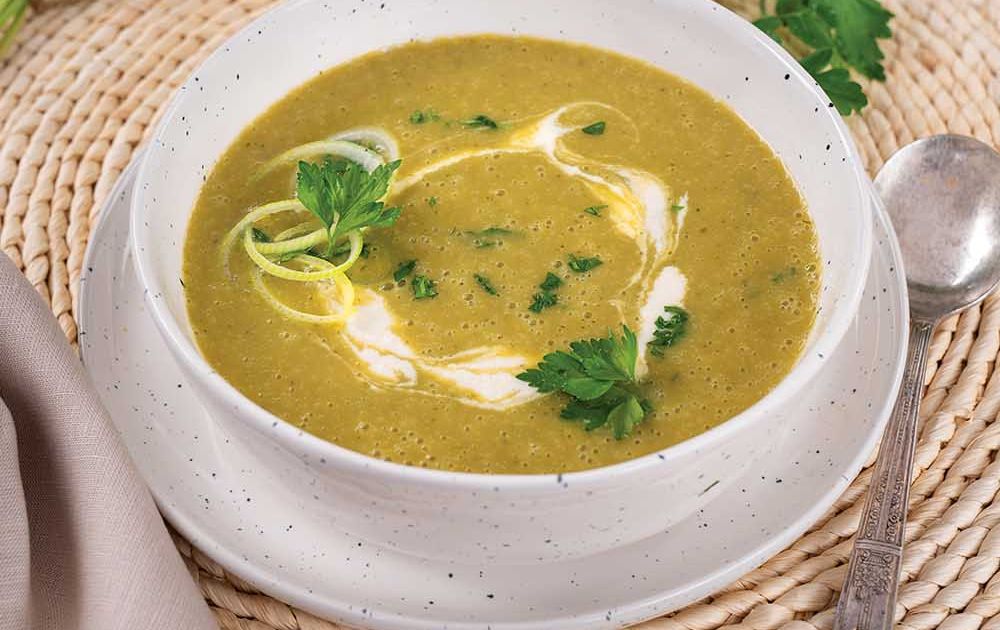 Sorrel Soup with Leek, Potatoes, and Almond Cream alive magazine