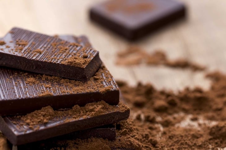 Dark Chocolate with Cocoa on Wooden Table