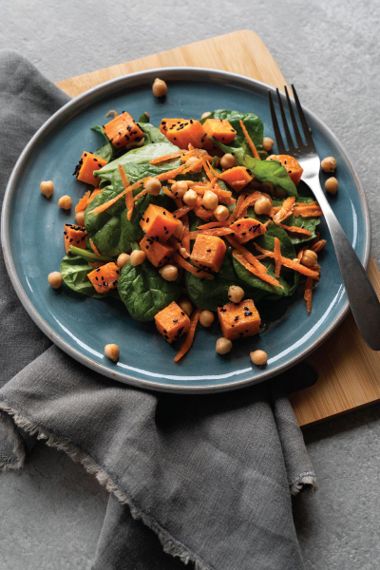 Chickpea Salad with Nigella Roasted Sweet Potato and Grated Carrots