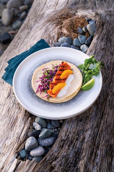 Salmon Tacos with Red Cabbage and Orange Slaw with Lime Yogurt