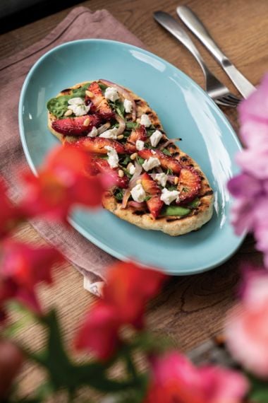 Grilled Flatbread with Plum, Onion, and Spinach