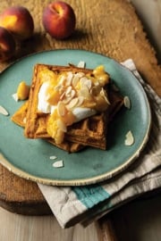 Sweet Potato Waffles with Dolloped Vanilla Scented Yogurt and Zesty Peach Sauce