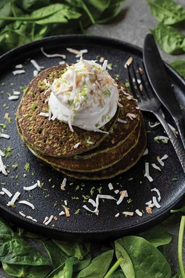 Glow-Up Green Pancakes with Roasted Coconut Topping